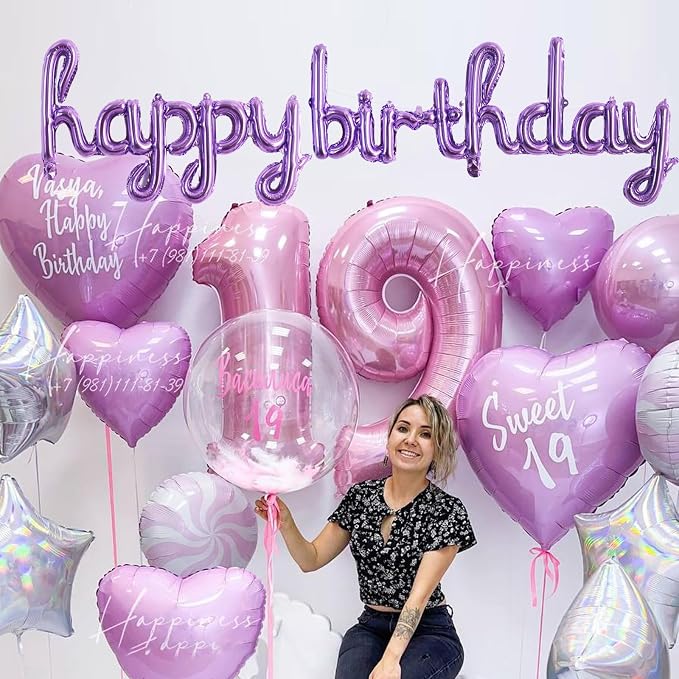 TONIFUL Purple Happy Birthday Balloons 16 Inch Purple Mylar Foil Script/Cursive - Image 5