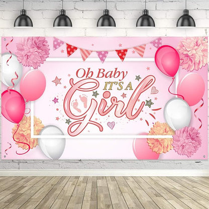 Blulu Baby Shower Backdrop It's a Girl Banner 6 x 3.6 ft Large Pink Fabric by Blulu