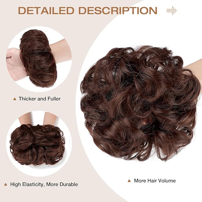 Messy Bun Hair Piece Wavy Curly Scrunchies Fluffy Donut Thick Updo Elegant Chignon Hairpieces for Women Girls, Dark Auburn 1.4oz