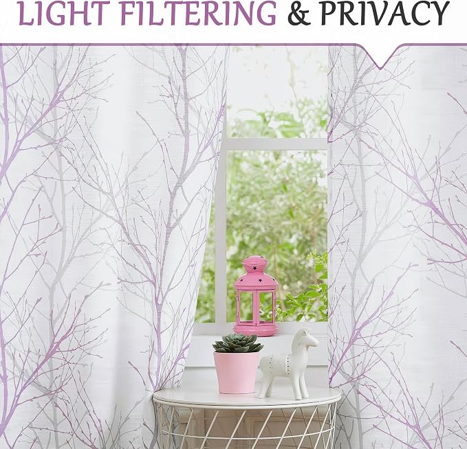 FMFUNCTEX Linen Lilac White Semi Sheer Print Curtains 63 Inch Long 2 Panels | - Image 3