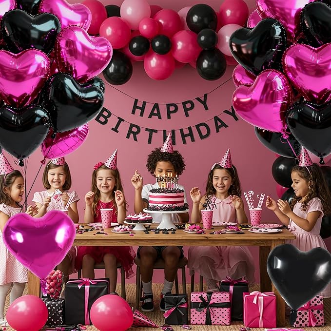 TONIFUL 30Pcs Black Hot Pink Heart Balloons 18Inch Heart Shape Foil Balloon | - Image 4