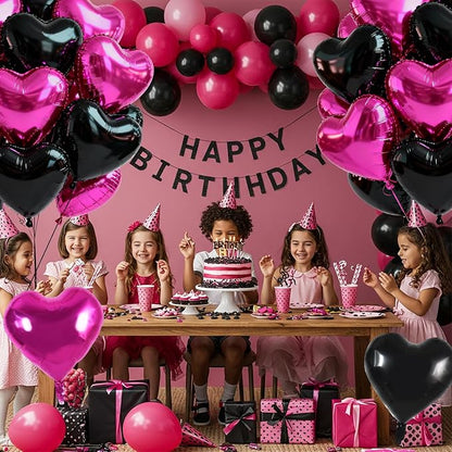 TONIFUL 30Pcs Black Hot Pink Heart Balloons 18Inch Heart Shape Foil Balloon | - Image 4