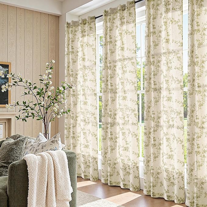 jinchan Green Floral Linen Curtains 84 Inch Flower Drapes Back Tab 2 Panels | - Image 5