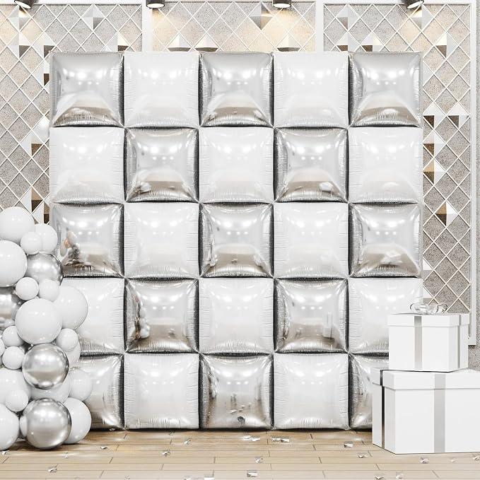 Pearl White and Silver Double Sided Square Foil Balloons Wall, 19 Inches by FEYG