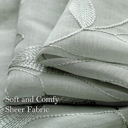 HOMEIDEAS Sage Green Sheer Curtains 52 X 84 Inches Long 2 Panels Embroidered - Image 5
