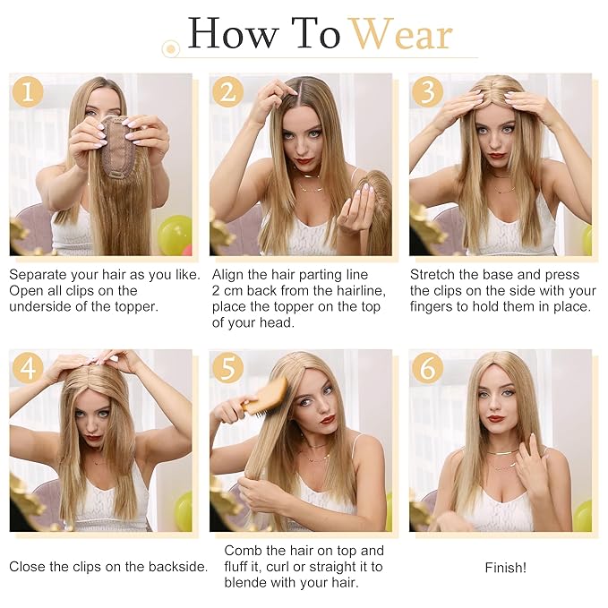 SEGO Human Hair Toppers for Women With Thinning Hair, 7 * 13CM Silk Base 100% Real Human Hair Clip in Top Wiglet Hairpieces /16 Inch No Bangs Medium Brown&Dark Blonde