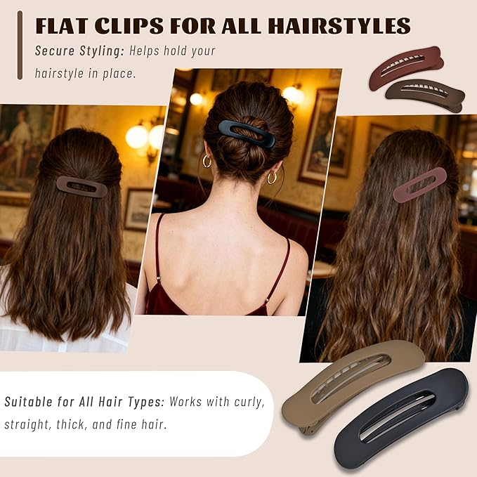 4 Pcs Flat Hair Clips for Women - Large Matte Flat Claw Clips for Thin Hair, Stylish Hair Accessories for Daily Styling, Matte Series (Deep Red, Black, Coffee, Dark Brown)