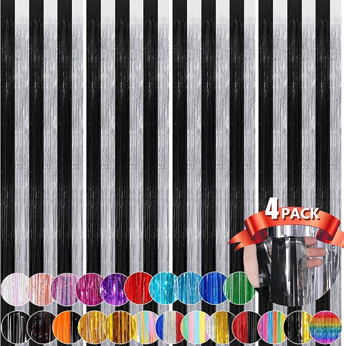 Black Silver Metallic Tinsel Foil Fringe Curtains, 4 Pack 3.3x8.3 Feet Party by NUWDHP