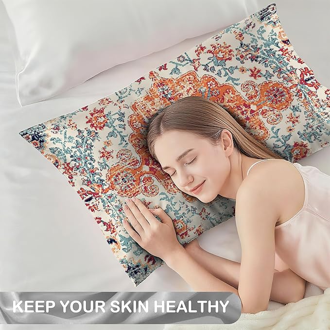 Satin Pillowcase 1 Pack-Boho Vintage Silky Pillow Cover for Hair and Skin,Standard Size 20x26 Inch Soft Cooling Printed Pillow Cases with Hidden Zipper,Gifts for Women Men