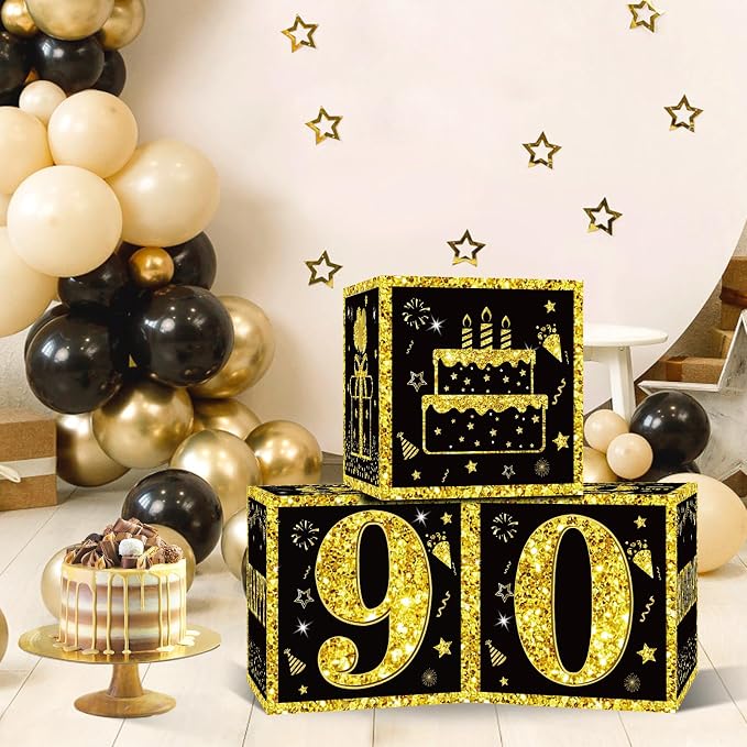 Eiurteao 3pcs Black Gold 90th Birthday Decorations Boxes - Image 2