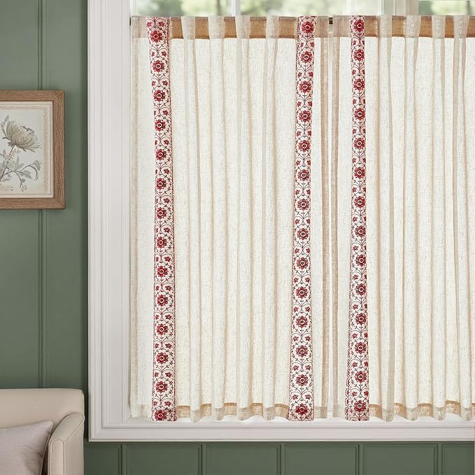 jinchan Red Floral Embroidered Short Linen Curtains 54×54 Inches 2 Panels | - Image 5