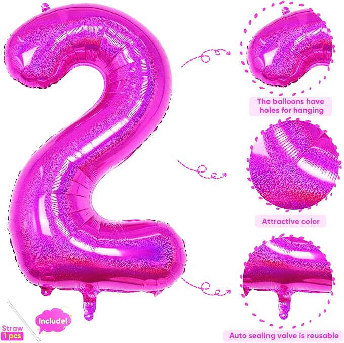 Hot Pink 2 Balloon, 40 Inch Large Laser Hot Pink Foil Helium Number Balloons 0-9 - Image 3
