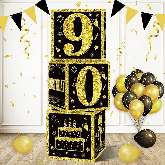 Eiurteao 3pcs Black Gold 90th Birthday Decorations Boxes by Eiurteao