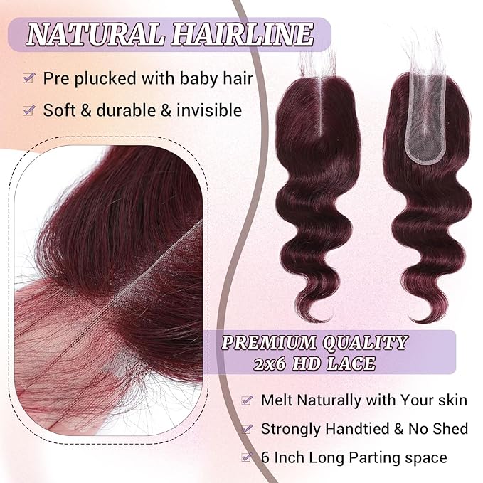 2x6 HD Lace Closure Human Hair Body Wave 99J Burgundy Dark Red Wine Color Transparent Lace Closure 2x6 Long Deep Middle Part 100% Raw Virgin Human Hair 16 Inch 150% Density