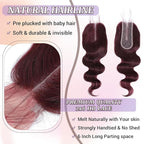 2x6 HD Lace Closure Human Hair Body Wave 99J Burgundy Dark Red Wine Color Transparent Lace Closure 2x6 Long Deep Middle Part 100% Raw Virgin Human Hair 18 Inch 150% Density