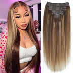 #4/27/4 Highlight Yaki Straight Clip in Hair Extensions Real Human Hair Omber Clip ins For Women Yaki Straight Clip on Hair(12inch,#4/27/4)