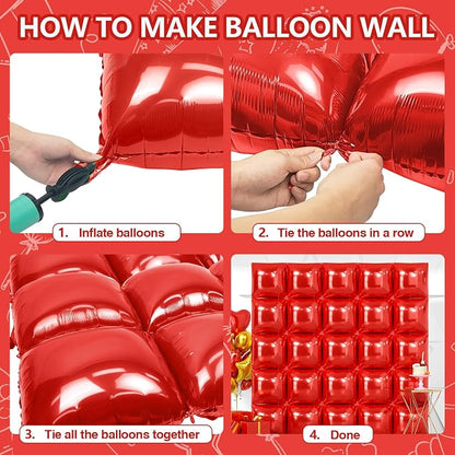 NISOCY 25PCS Metallic Red Square Foil Balloons Wall Backdrop | Double Sided Red - Image 4