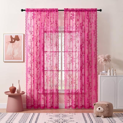 Raspberry Lace Curtains 63 Inch Length 2 Panels Set Country Floral Sheer - Image 2