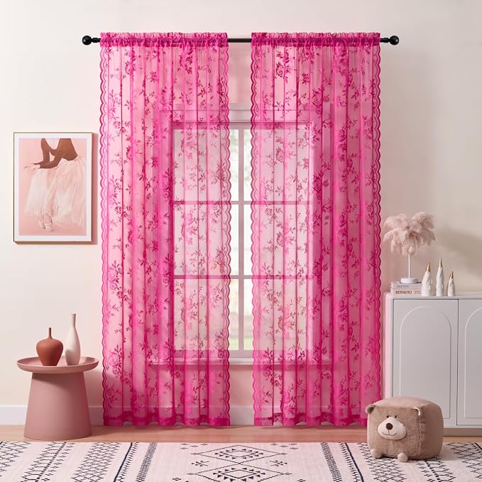 Raspberry Lace Curtains 96 Inches Long 2 Panels Vintage Floral Curtains - Image 2