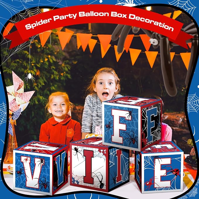 Feifeiya 4 Pcs Spider 5th Birthday Decoration Spider Theme Balloon Boxes "Five" - Image 6