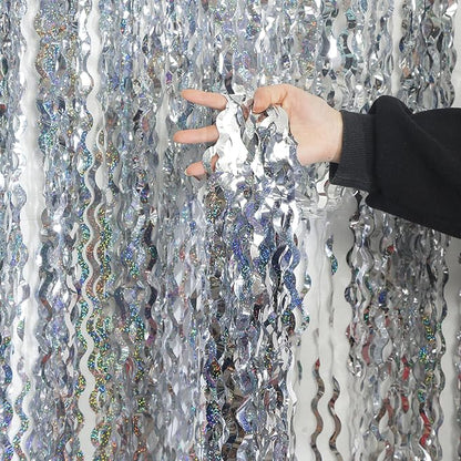 4 Pack 3.3 ft x 6.6 ft Silver Metallic Tinsel Foil Fringe Curtains by KEEUH