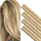 GOO GOO Invisi Edge Tape in Hair Extensions Human Hair, 16/22 Light Blonde Highlighted Golden Blonde 20pcs injected with 20pcs classical tape ins, 14inch 100g, Virgin Remy Hair, Natural Look