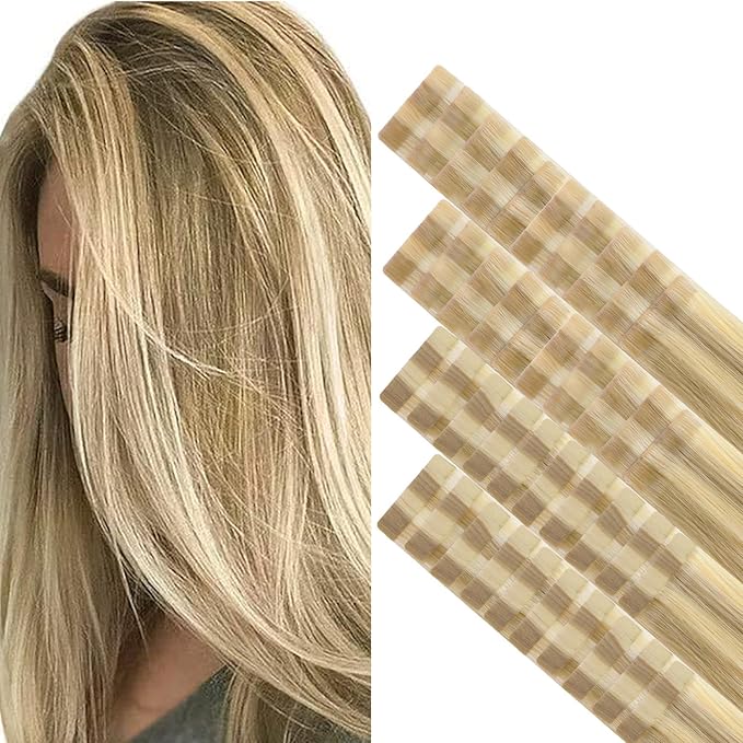 GOO GOO Invisi Edge Tape in Hair Extensions Human Hair, 16/22 Light Blonde Highlighted Golden Blonde 20pcs injected with 20pcs classical tape ins, 22inch 100g, Virgin Remy Hair, Natural Look