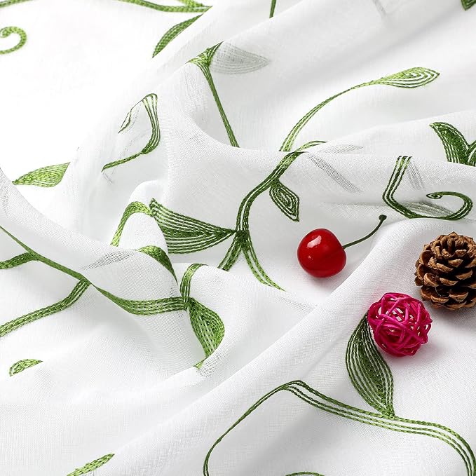 Embroidered Green Sheer Voile Curtains, Leaves Embroidery Faux Linen Rod Pocket - Image 7