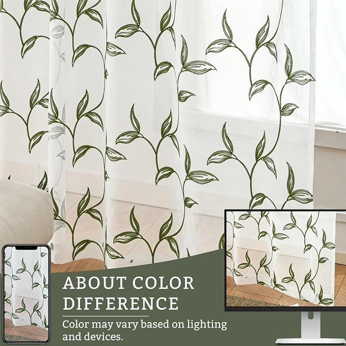 Sheer Curtains Boho Leaf Floral Embroidered Green 54Wx96L | Light Filtering - Image 6
