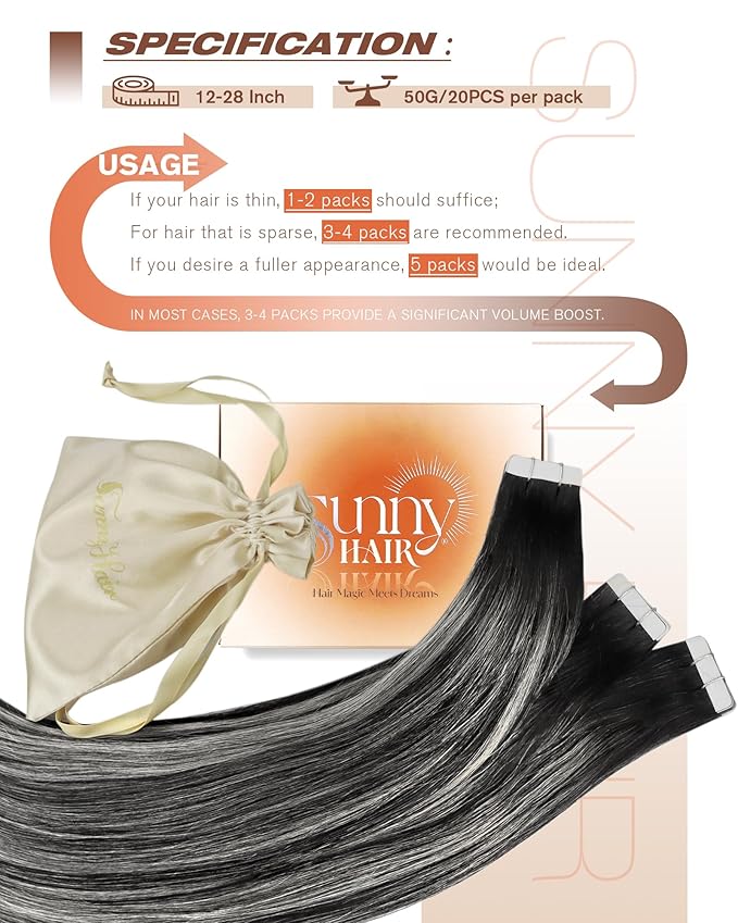 Sunny Hair Tape in Hair Extensions Real Human Hair Invisible Remy Hair Extensions Tape ins for Women Natural Black Roots to Silver Grey Balayage 18 inch 20Pcs 50G
