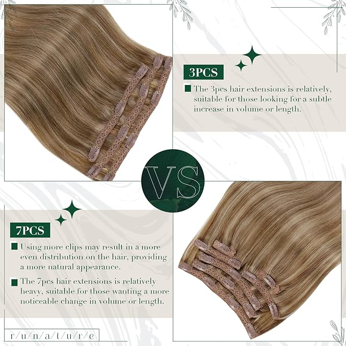 RUNATURE Human Hair Clip in Extensions, 18 Inch Clip in Human Hair Extensions, Real Natural Hair for Women, Add Hair Length, Easy to Apply, 50g 3pcs #10P16 Dark Blonde Highlight Caramel Blonde