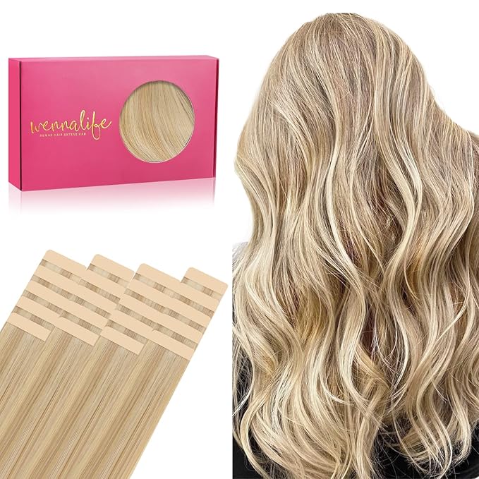 WENNALIFE Tape in Hair Extensions Human Hair, 20pcs 60g 26 inch Light Blonde Highlighted Golden Blonde Remy Hair Extensions Straight Human Hair Tape in Extensions Skin Weft Tape Extensions Human Hair