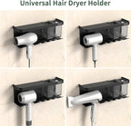 Hair Dryer Holder Wall Mounted Adhesive/Drilling, Hair Dryer Storage Organizer with Shelf & Hooks for Bathroom, Blow Dryer Holder, Hair Tool Organizer (Black)