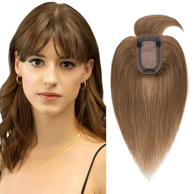 SEGO Hair Toppers for Women Real Human Hair with Thinning Hair, Toppers Hair Pieces Clip in Toppers Straight Hair Pieces with Front Bangs 150% Density Silk Base -14 Inch #6 Light Brown