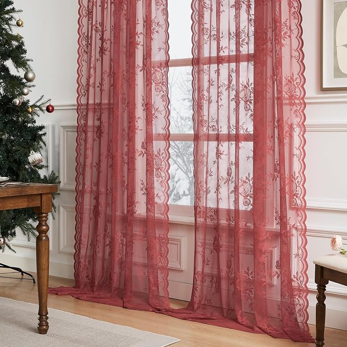 Coral Lace Curtains 80 Inch Length 2 Panels Rod Pocket Romantic Floral Lace - Image 3