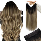YoungSee Invisible Wire Hair Extensions Balayage Wire Human Hair Extension Dark Brown Ombre Medium Brown with Blonde Easy to Put in Headband Hair Extensions 16In 80G