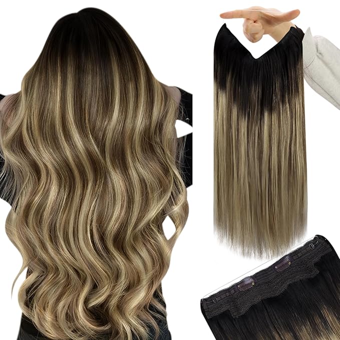 YoungSee 120G Wire Hair Extensions Dark Brown Ombre Medium Brown with Blonde Wire Hair Extensions Human Hair Balayage One Piece Hair Extension Real Human Hair for Women 18Inch