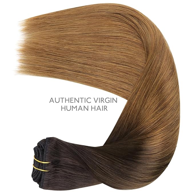WENNALIFE Clip in Hair Extensions Real Human Hair, 14 Inch 120g 7pcs Human Hair Extensions Clip In Human Hair, Ombre Dark Brown to Light Chestnut Brown Clip In Real Hair Coloured Remy