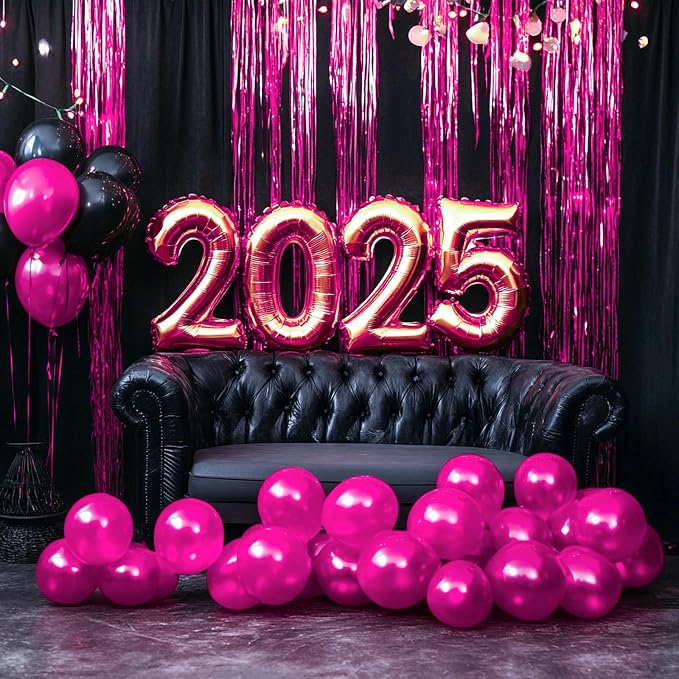 PartyWoo Hot Pink Foil Fringe Curtain 8.2FT 3pcs Red Rose Tinsel Streamers | - Image 5