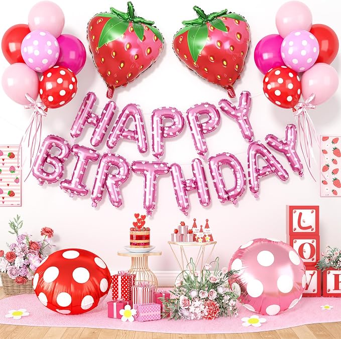 29PC Strawberry Happy Birthday Balloon Banner, 16Inch 3D Aluminum Letter Banner by Paready