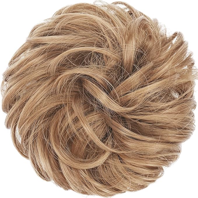 FESHFEN Messy Bun Hair Piece - Elastic Wavy Curly Hair Bun Scrunchies Extensions Synthetic Chignon Hairpieces for Women Girls, Strawberry Blonde 1.5 oz