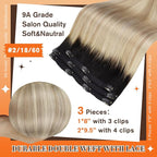 Full Shine 12 Inch Clip in Hair Extensions Real Human Hair Brown Ombre to Medium Blonde and Light Blonde Seamless Hair Extensions Clip in for Short Hair 3 PCS 60 G