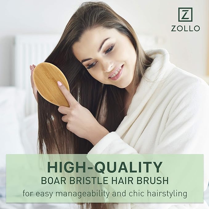 Natural Boar Bristle Hair Brush for Women, Men, Kids; Dry and Wet Detangling Hair Brush Gently Enhances Shine, Smooths Frizz and Prevents Breakage in Fine and Straight, Thick and Curly Hair (oval)