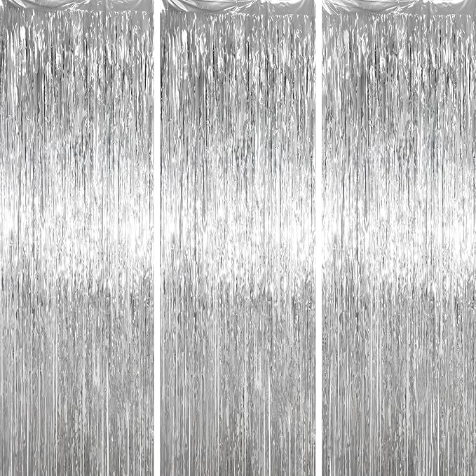 Voircoloria Silver Foil Fringe Backdrop Curtains, Birthday Party Decorations by Voircoloria