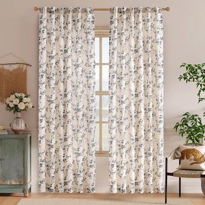 Black Vintage Floral Linen Curtains Farmhouse 50W X 84L 2 Panels | Elisa Series - Image 2