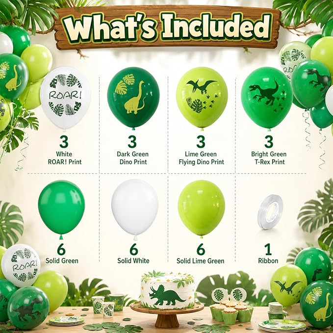 Dinosaur Balloons, 12 Inch Dino Printed Balloons Green White Lime Green Latex - Image 2