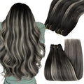 YoungSee 130G Weft Hair Extensions Ombre Black Sew in Hair Extensions Black Ombre Silver Blonde Balayage Sew in Hair Extensions Real Human Hair 24Inch