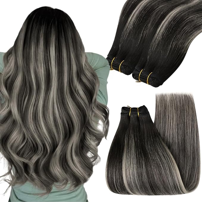 YoungSee Sew in Hair Extensions Real Human Hair Ombre Black Human Hair Extensions Sew in Black Ombre Silver Balayage Soft Hair Weft Extensions for Women 18Inch 100G
