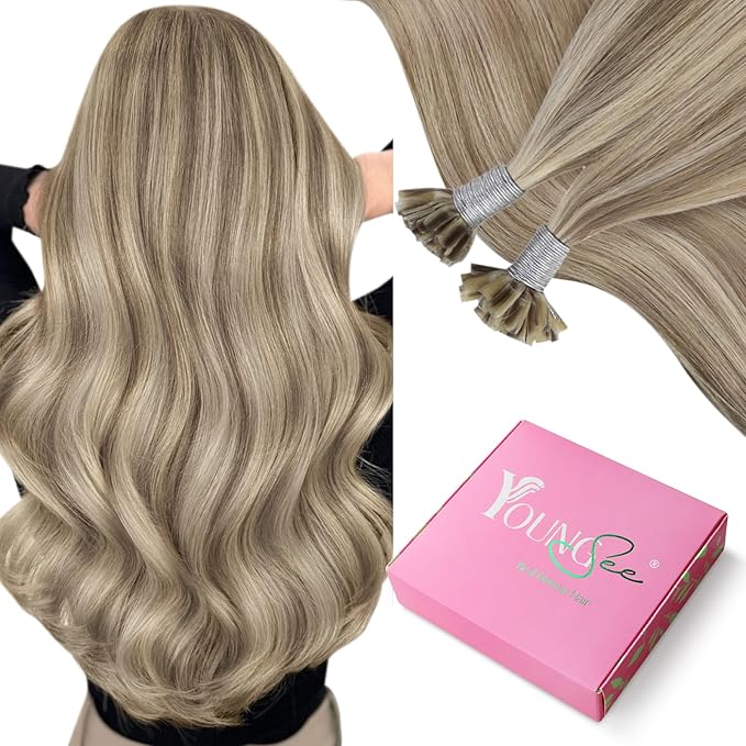 YoungSee Utip Hair Extensions Human Hair Long Straight U Tip Real Hair Extension Light Brown Highlights Blonde K Tips Human Hair Extensions Hot Fusion Ktip Extenesion Remy Hair Add Length 24In 50s/50g