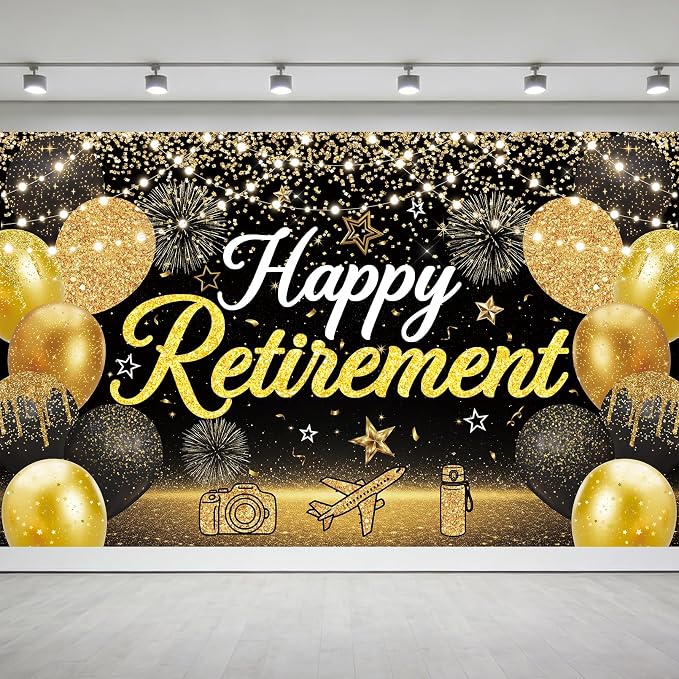 Large Black Gold Happy Retirement Decorations Banner by Unknown
